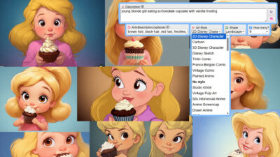 A collage of 10 AI-generated artwork pieces of a blonde girl eating a cupcake, all in cute, cartoon styles