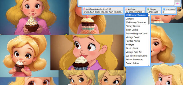 A collage of 10 AI-generated artwork pieces of a blonde girl eating a cupcake, all in cute, cartoon styles