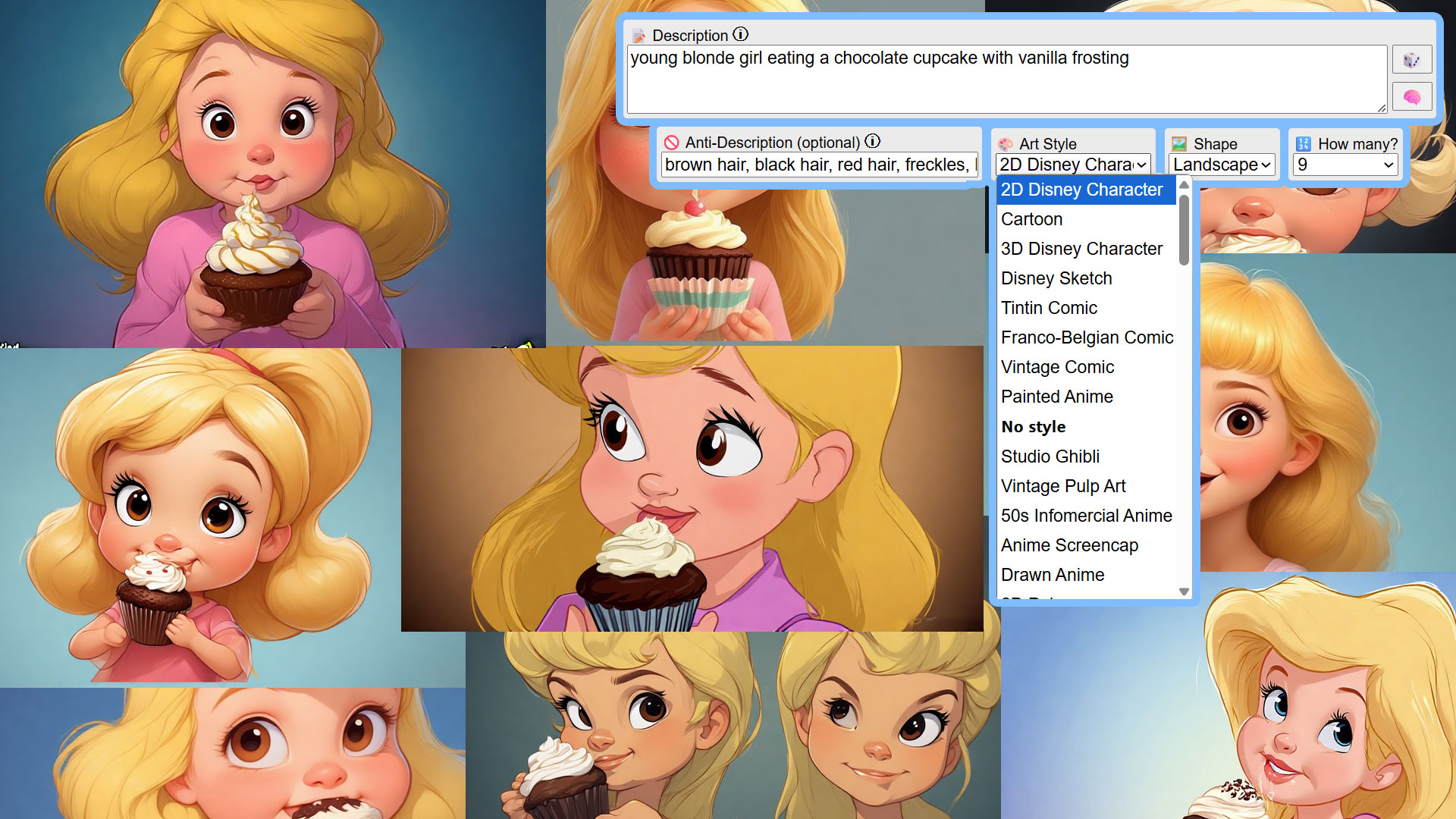 A collage of 10 AI-generated artwork pieces of a blonde girl eating a cupcake, all in cute, cartoon styles